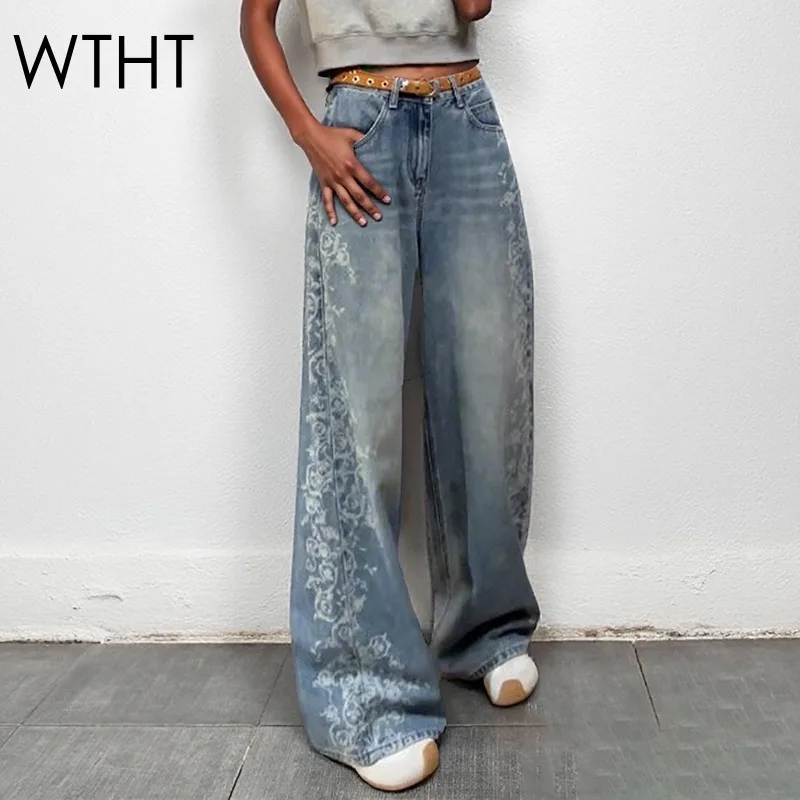 

WTHT модные женские прямые джинсы с боковым принтом, осень 2023, модные новые широкие джинсовые брюки с высокой талией, женские 1LS2330