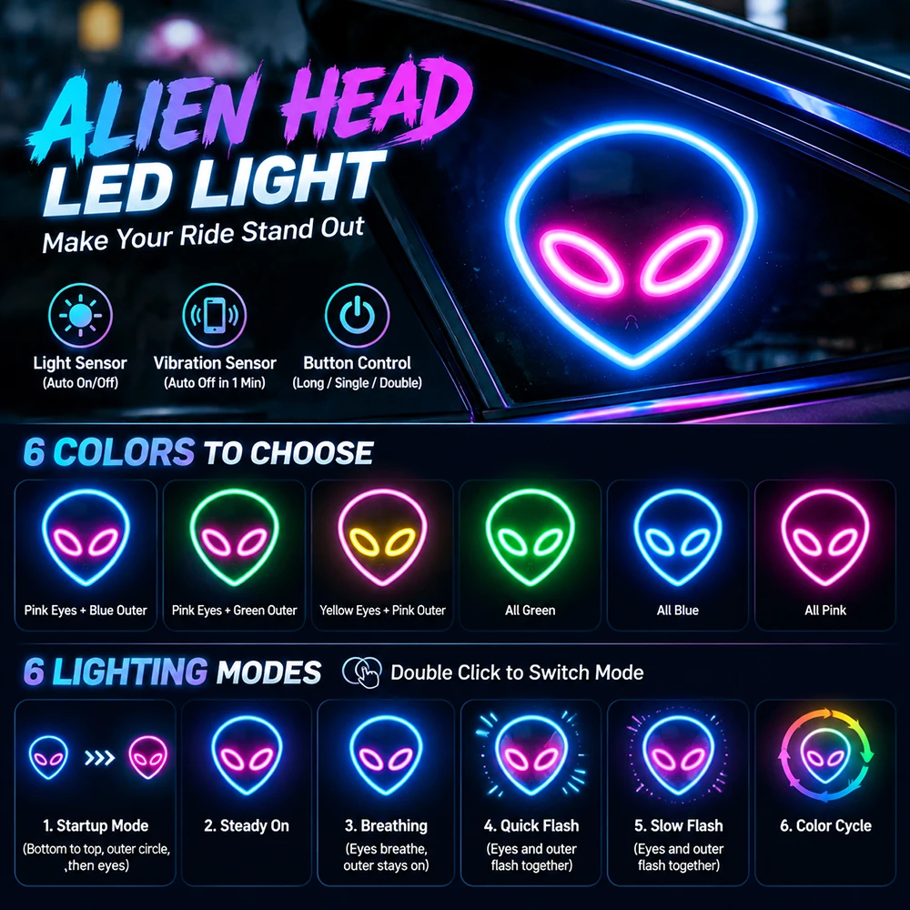 New Solar LED Alien Windshield Warning Flashing Signal Indicator Car LED Ambient Lights with Suction Cup for Auto Window ﻿