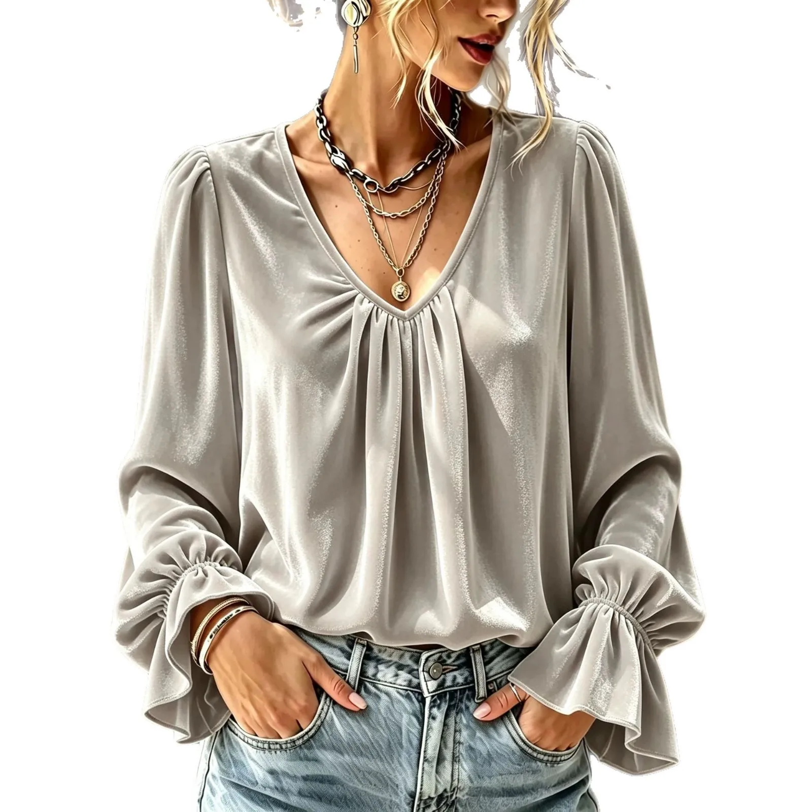 Women's Velvet Long Sleeve Blouse V Neck Gathered Front Flare Cuff Comfortable Versatile Commute Casual Daily Wear Loose Fit Top
