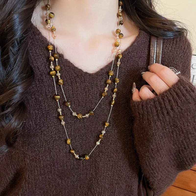 

Minar Stylish Natural Stone Tiger Eyes Glass Beads Strand Beaded Necklace for Women Gold Copper Long Double Layers Sweater Chain