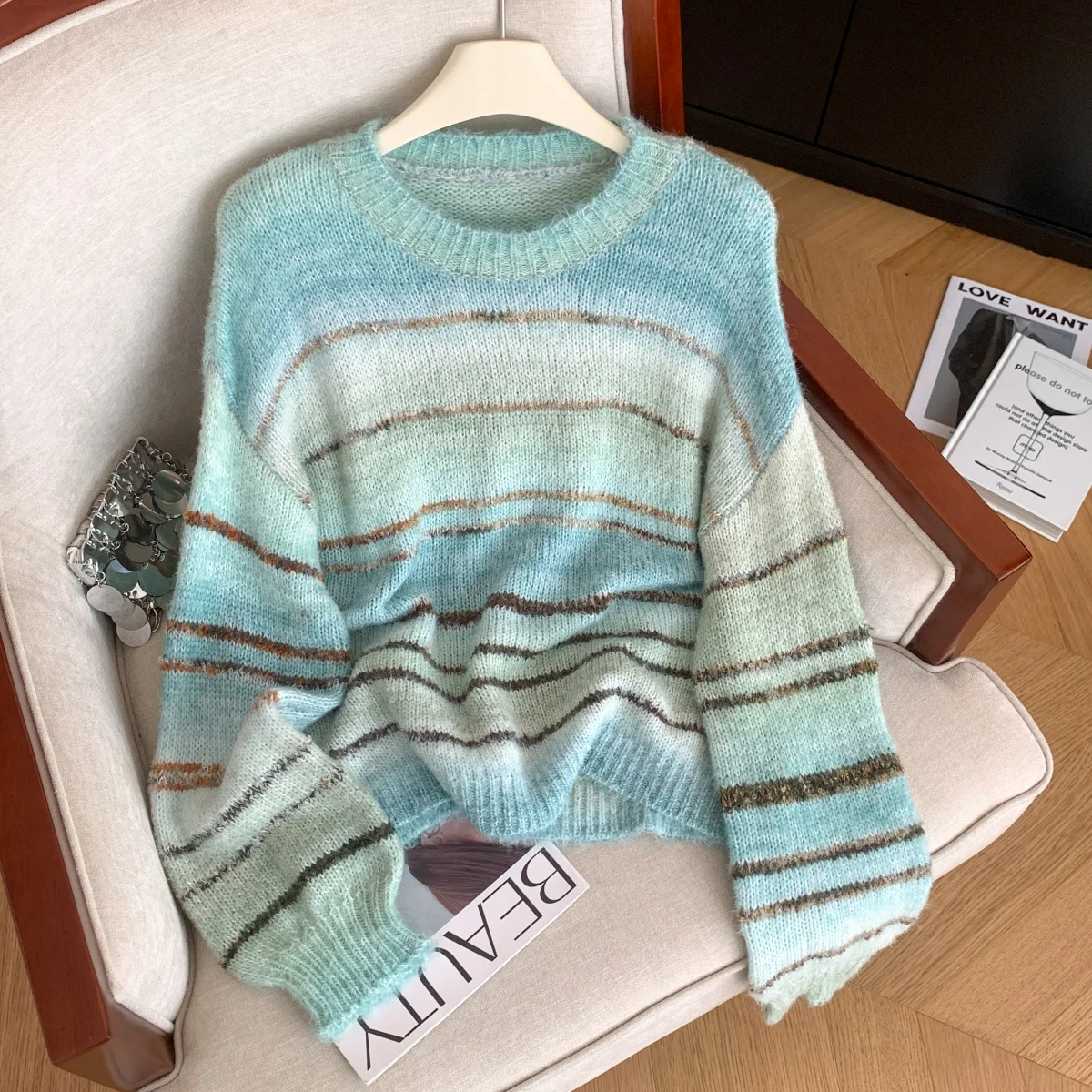 

Women Blue Striped Pullover Sweater Vintage Jumper Knit Long Sleeves Gradient Cashmere Sweater Autumn Winter 2000s Clothes 2025