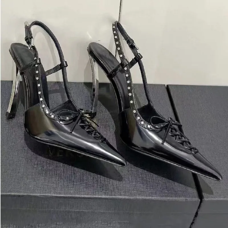 

Новые летние туфли 2026 года: остроносые, с низким вырезом, на шнуровке, с бантом и заклепками, на высоком тонком каблуке, роскошные элегантные босоножки, нишевая модель, черные