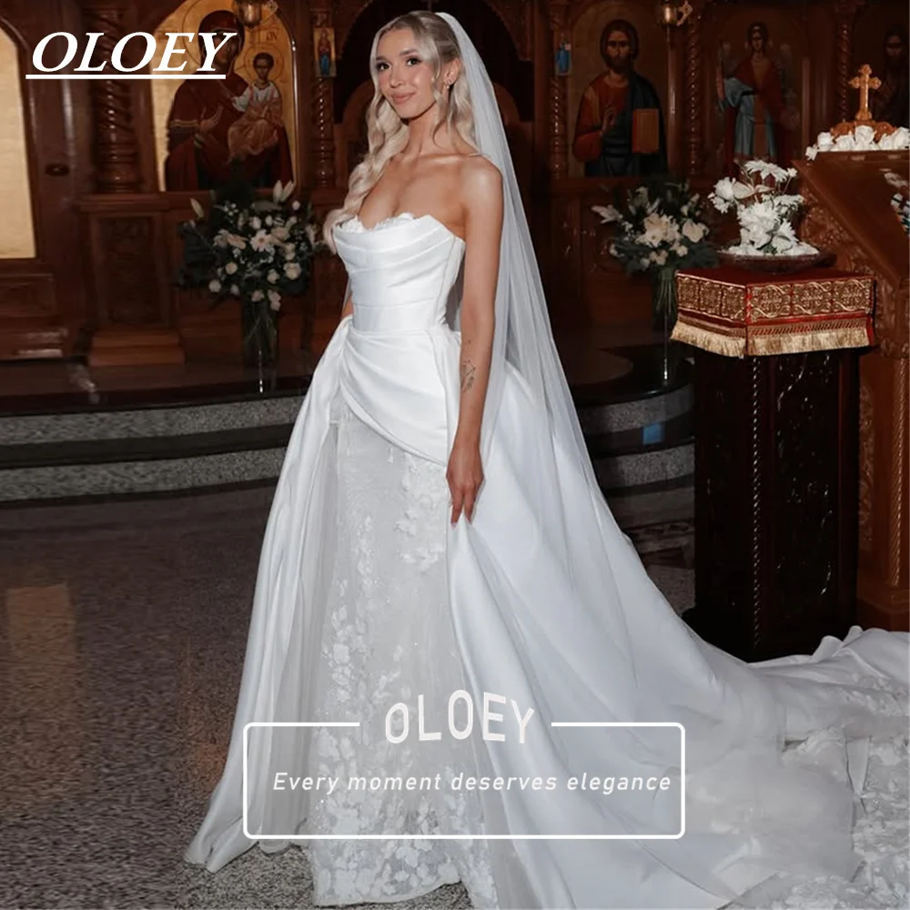 OLOEY Luxury Mermaid Wedding Dress Mikado Satin 3D Floral Lace Strapless 2027 Bridal Gown With Train Robe De Mariage Customized