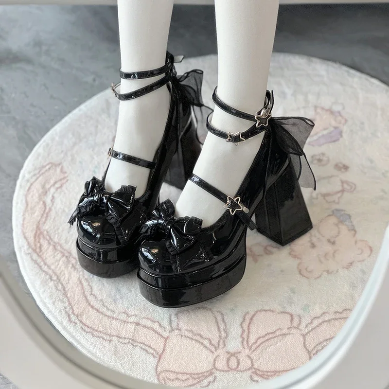 

Women's Mary Janes Shoes Sweet Style Lolita High Heels Elegant Bow Wedding Shoes for Woman Exquisite Casual Shoes Zapatos Mujer