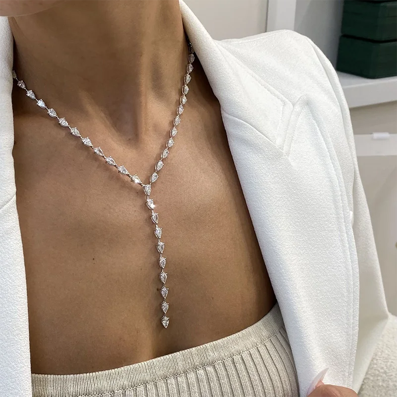 Luxurious Tennis Necklace 14.8 Ctw Pear Cut HPHT Lab Grown Diamond DEF/VS VVS 14K 10K Gold Jewelry Lariat Necklace For Women