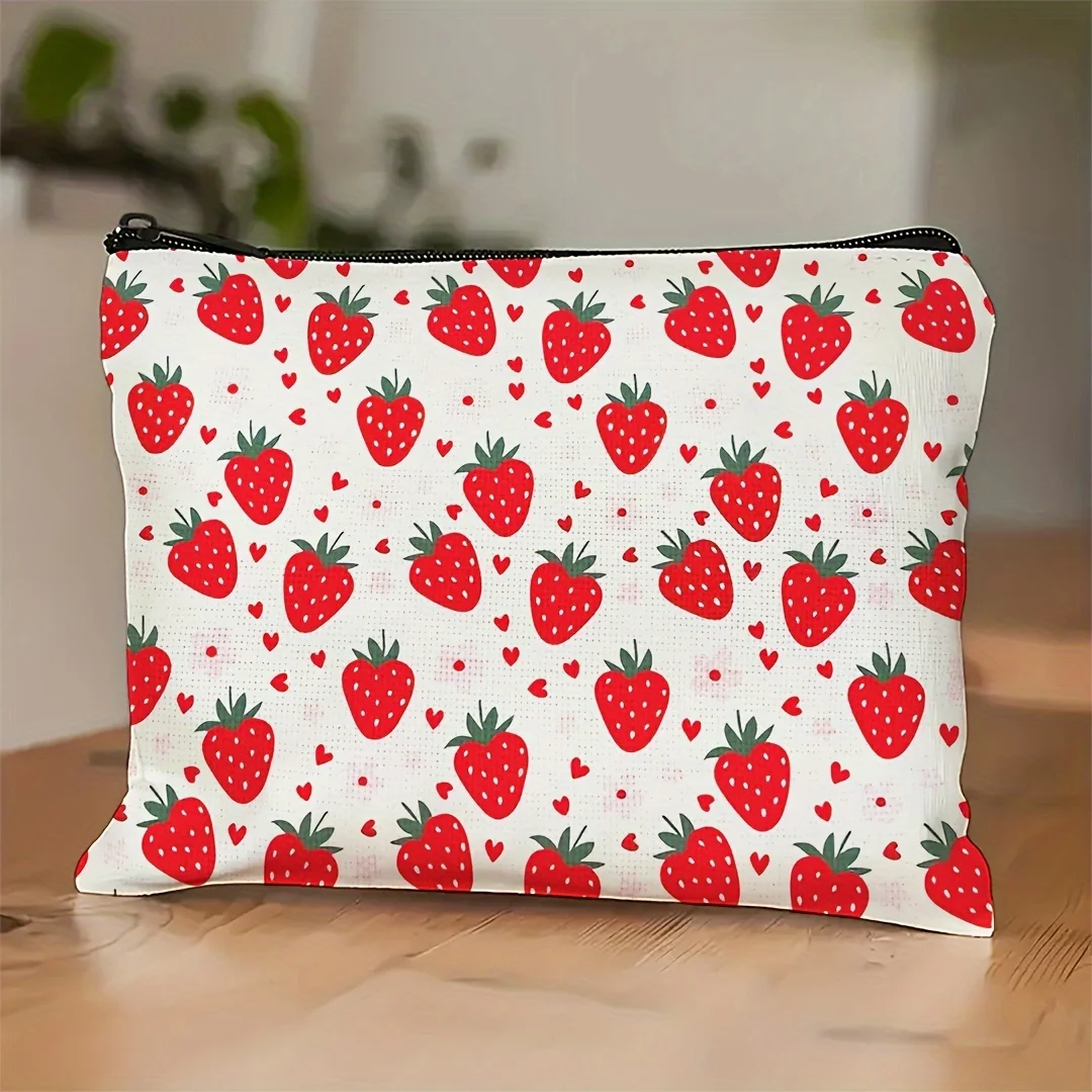 Schicke Make-up-Tasche mit Erdbeer-Herz-Aufdruck, geräumiger Kosmetik-Organizer, Kosmetiktasche mit Reißverschluss, Münzgeldbörse, Aufbewahrungstasche, Federmäppchen