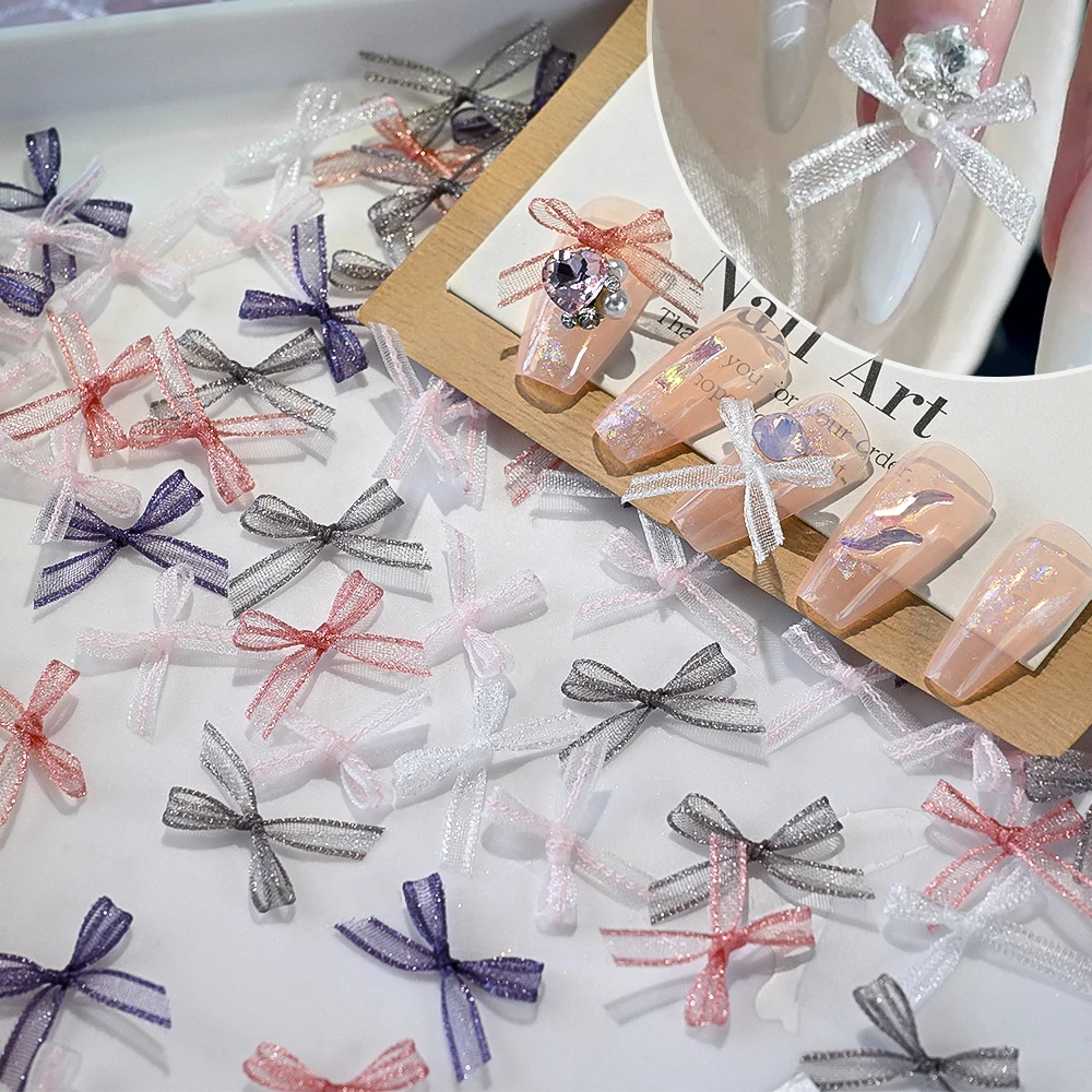20pcs Multicolor Organza Gauze Bow Nail Charms Sweet Lolita Sheer Ribbon Bowknot Nail Decor 3D Fabric Bow Nail Art Accessories