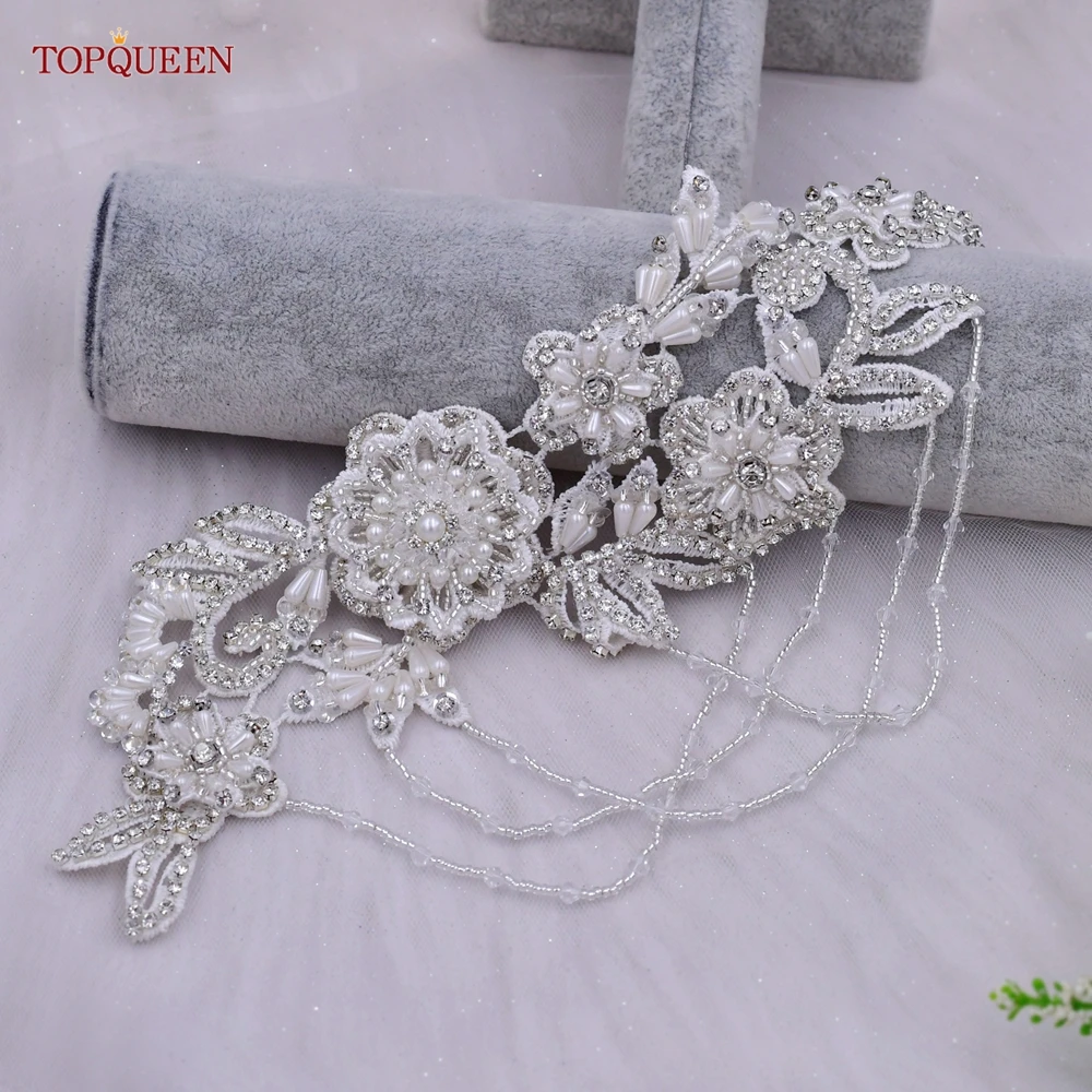 TOPQUEEN S80 Bridal Decorative Waist Belt Wedding Dress Accessories Woman Fashion Sash with Silver Rhinestones Handmade Beaded