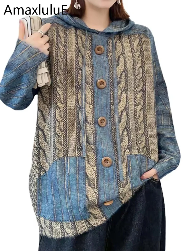 

Amax luluE 2025 Winter Fashion Females Pullover Womens Luxury Loose Hooded Striped Sweaters Ladies Leisure Vintage Warm Jumpers