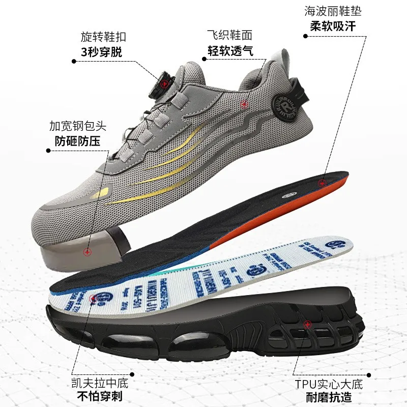Men's Rotating Button Safety Shoes Steel Toe Puncture Proof Non Slip Work Sneakers Breathable Design Durable Rotating Buckle
