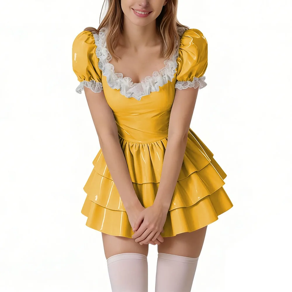 

PVC Shiny Leather Ruffled Tiered Mini Dress for Womens Puff Sleeve Lace Trim Short Pleated Dress Party Sweet Lolita Style Outfit