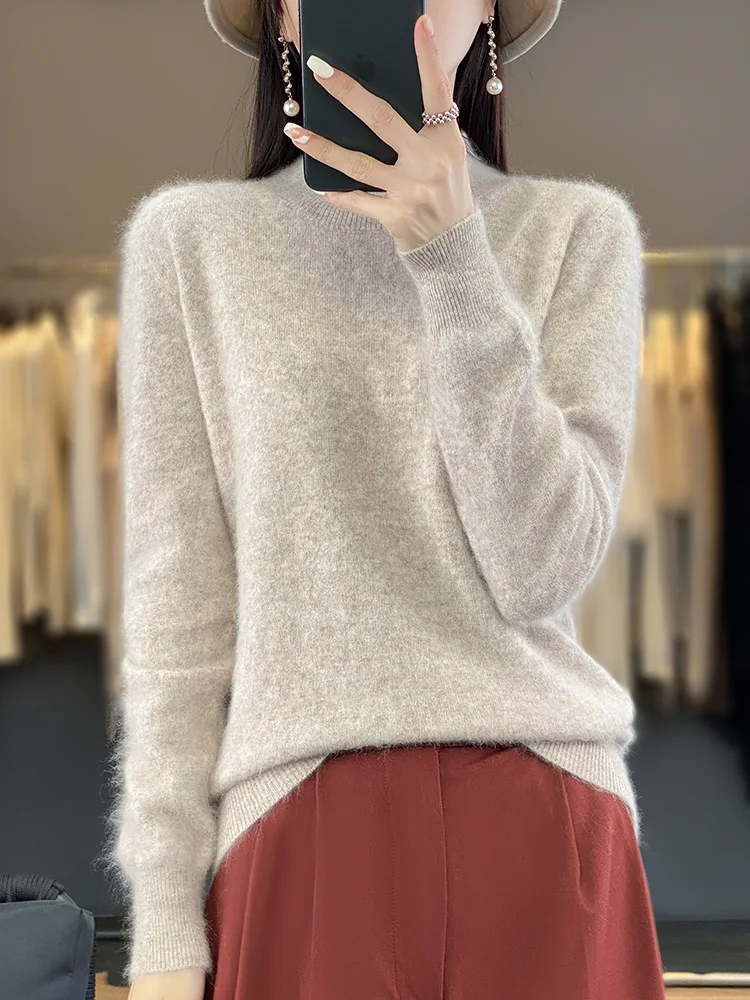 100% Mink Cashmere Women\'s Sweater Half High Neck Pullover Autumn Winter Long Sleeve Knitwear Feamle Clothing Bottom Shirt Tops