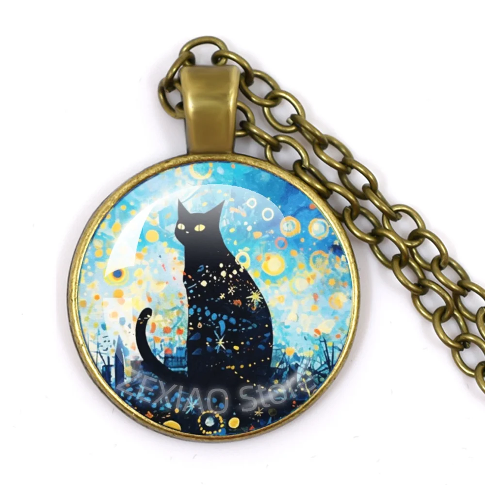 Van Gogh Cat Painting Glass Pendant Necklace Vintage Blue Style Art Oil Printed Necklace Design Gifts Jewelry