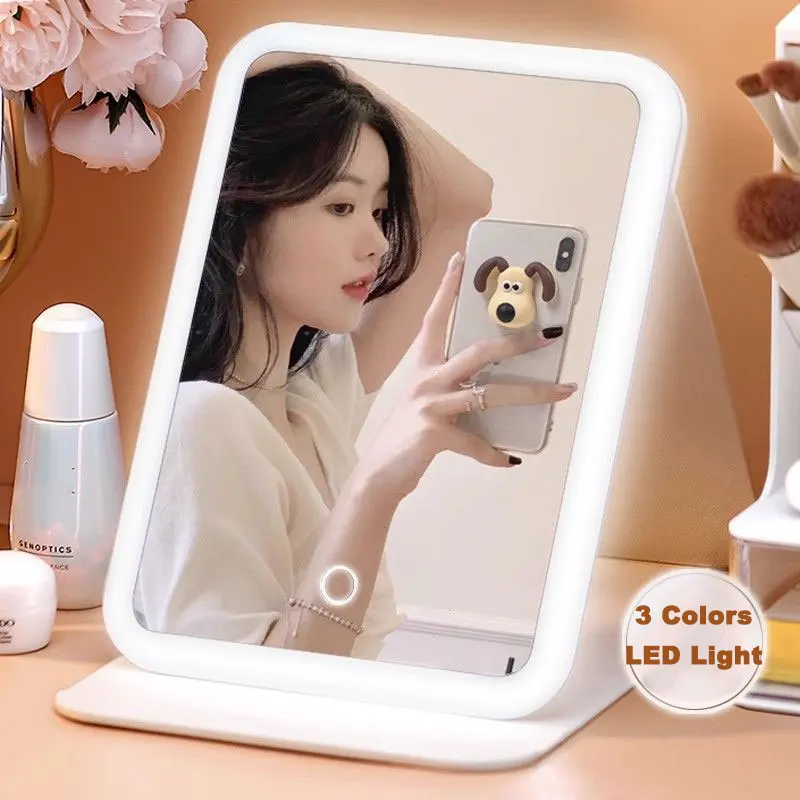 3 Colors LED Vanity Mirror with Leather Touch Screen USB Rechargeable  3 Brightness Dimming Makeup Mirror Foldable