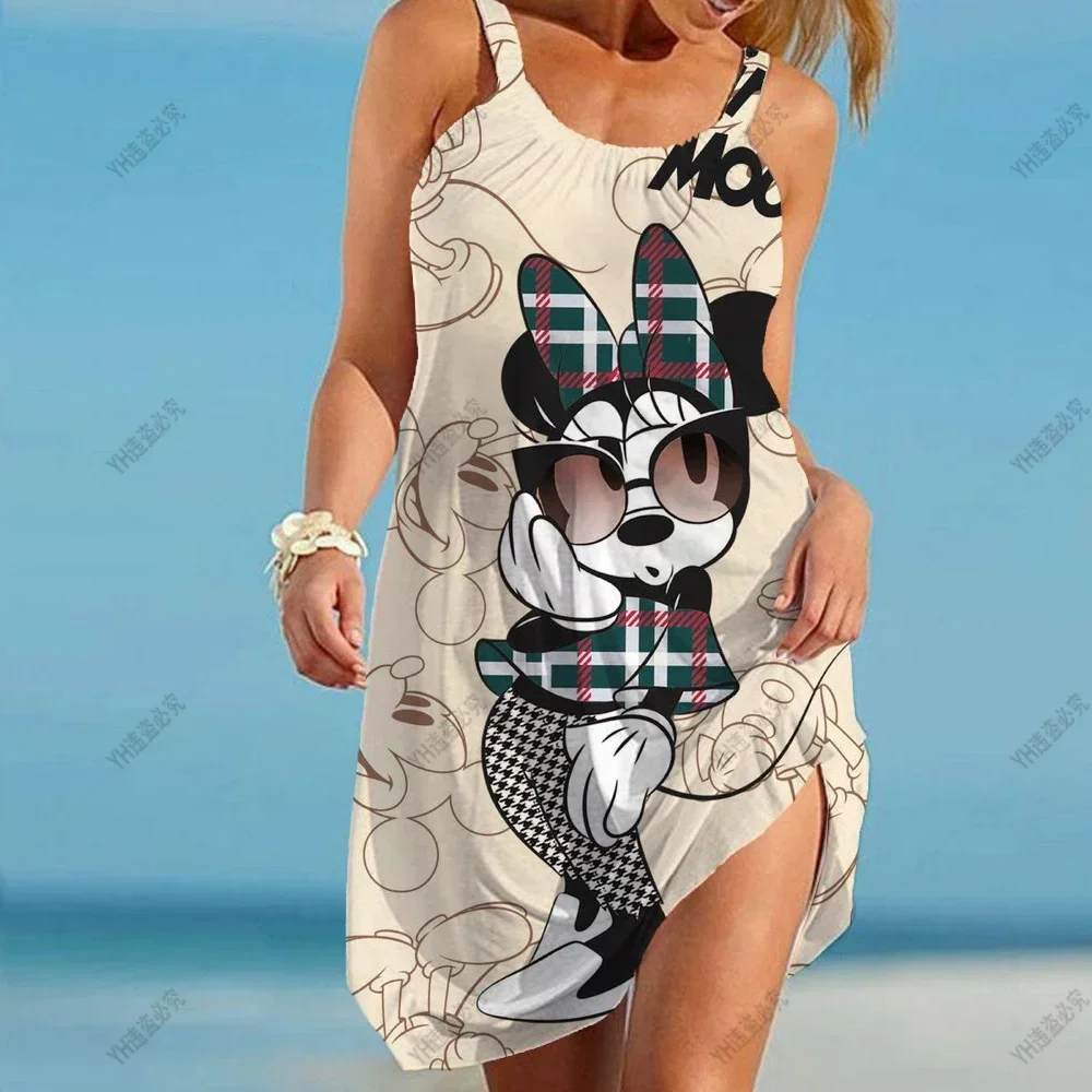 Vestido de Mickey Minnie Mouse sem mangas feminino, praia solta impressão 3D, vestidos de sling sexy, festa boho elegante, verão, Y2K, 2022