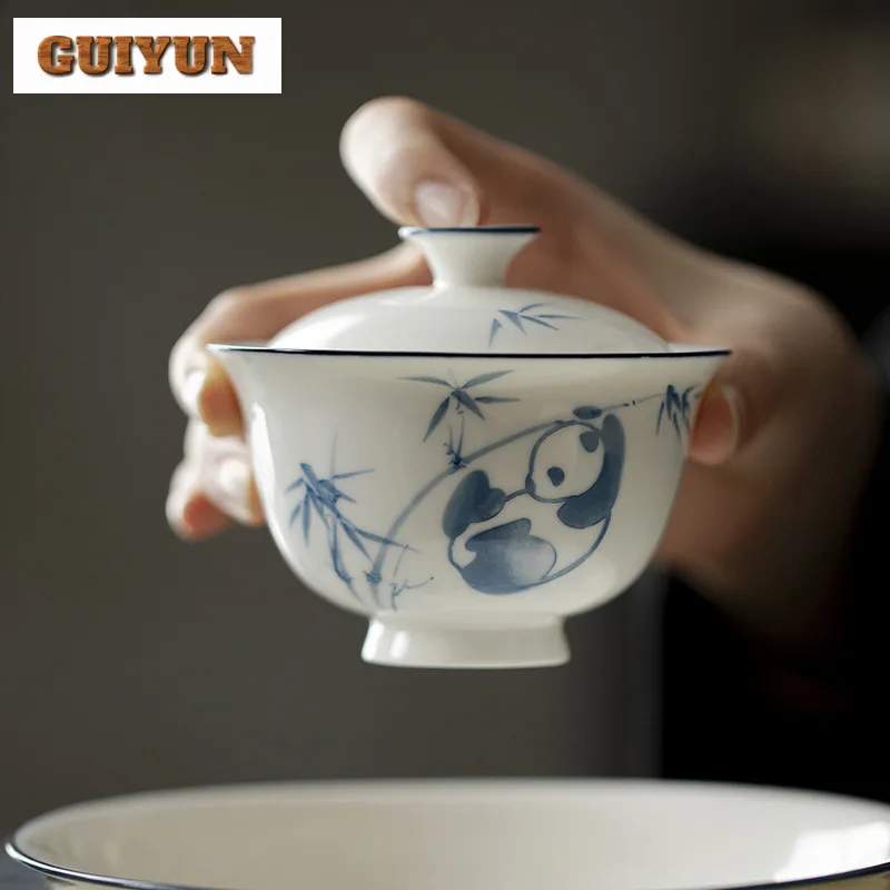 

120 мл ручная нарисованная синяя и белая панда игра бамбуковая нефритовая грязь Gaiwan античная чайная чаша с крышкой комплект чайник крышка чаша