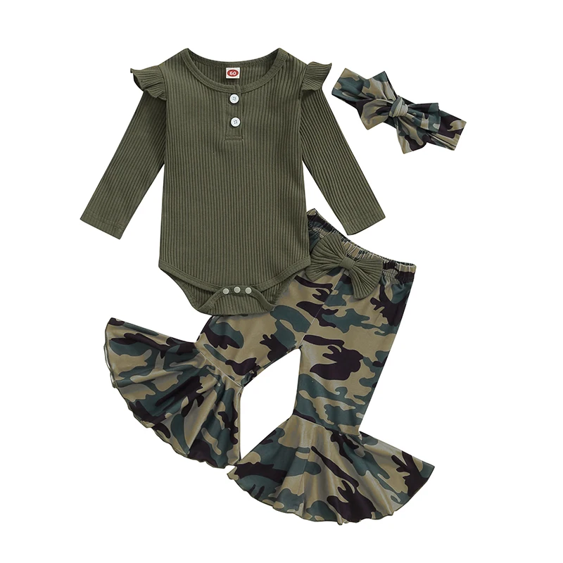 

Baby Girl 3 Piece Fall Outfit Long Sleeve Ribbed Romper Camouflage Flare Pants Headband