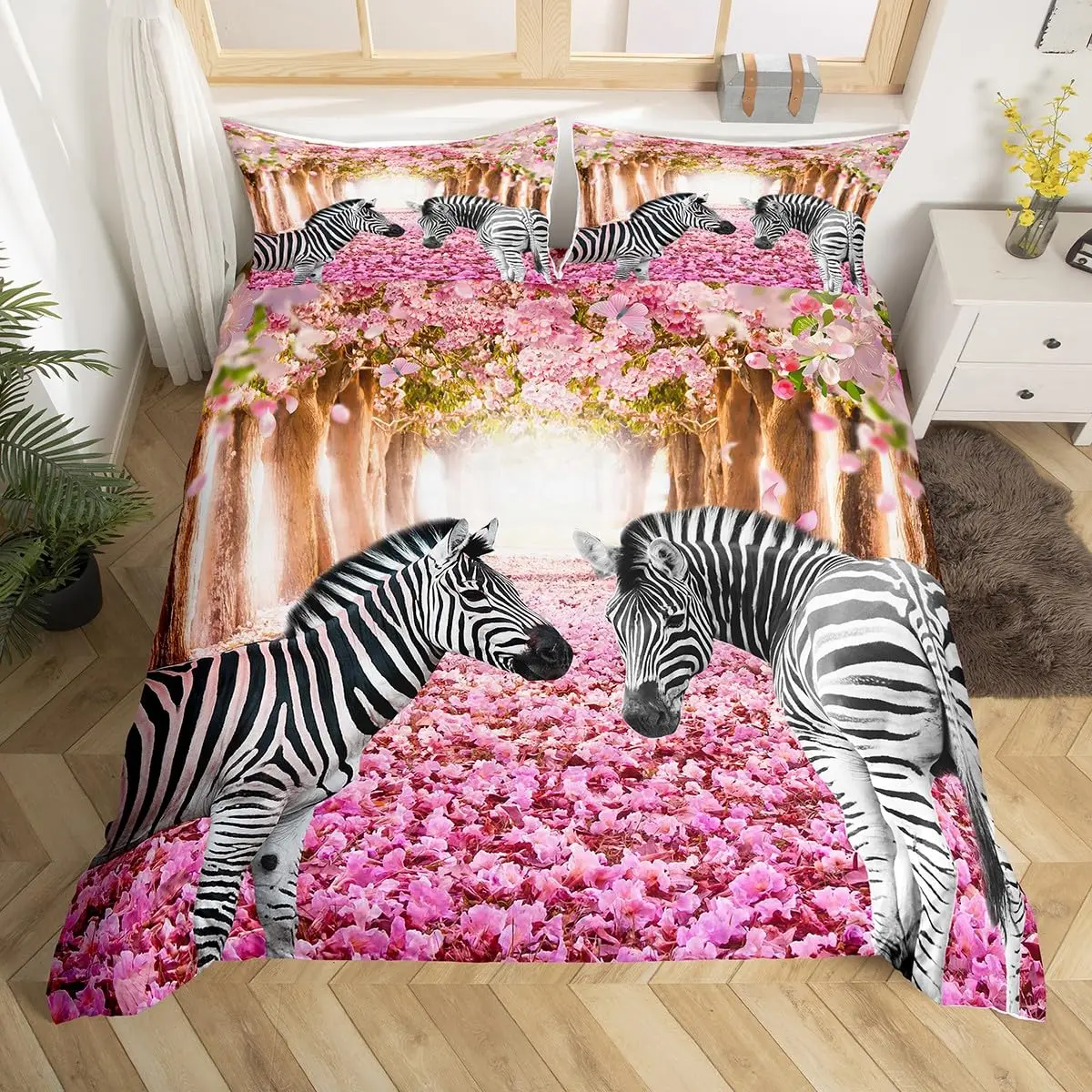 Parure De Lit Housse De Couette Motif Zèbre Yoga Plage - Ultra Douce Pour Lit Simple Rose, Décoration Chambre Enfant