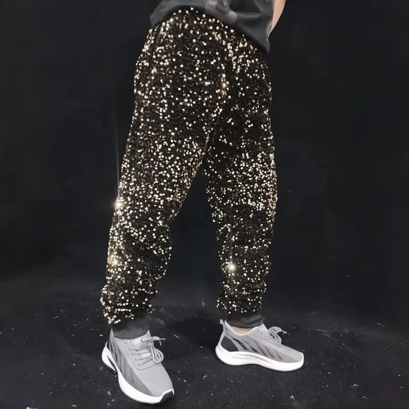 

Men's Shiny Sequins Casual Pants Carnival Rave Show Hip Hop Dance Stage Performance Club Party Glitter Trousers Costume