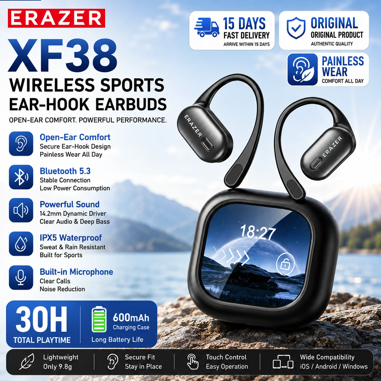 ERAZER XF38 Open-Ear Ear-Hook Kabellose Bluetooth-Ohrhörer OWS Air Conduction Kopfhörer ENC Geräuschunterdrückung HiFi Stereo IPX5 – Detail 1