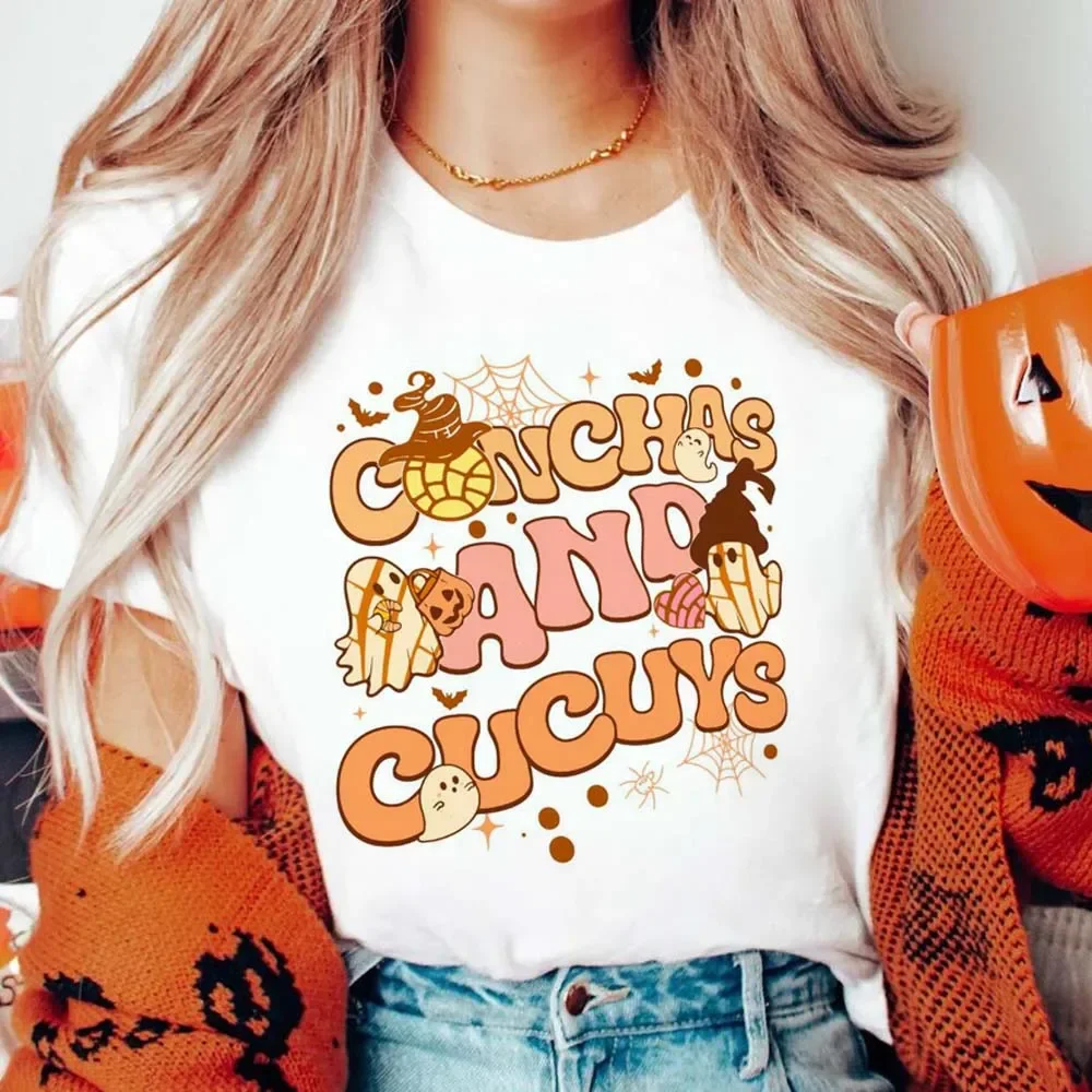 Conchas And Cucuys Spooky Concha Ghost Clothing Sweet Style Printed O-Neck Street Trendy Style Cute Top Fashion Printed T-Shirt