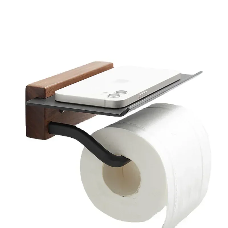 Wood Toilet Paper Holder Bathroom Wall Mount WC Paper Phone Holder Shelf Towel Roll Shelf Accessories Roll Holder