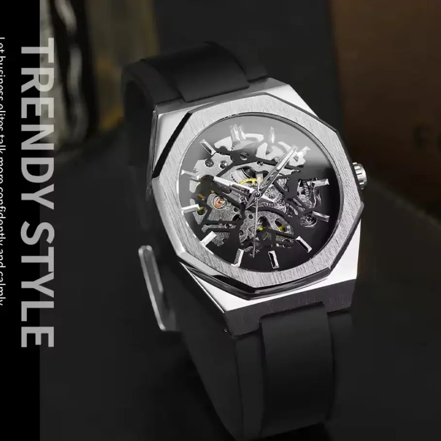 

Высококлассные деловые мужские механические часы, с автоматическим заводом, дизайн со скелетом, силиконовый ремешок, популярные европейские и американские модные повседневные универсальные модные мужские часы, лучший подарок для него