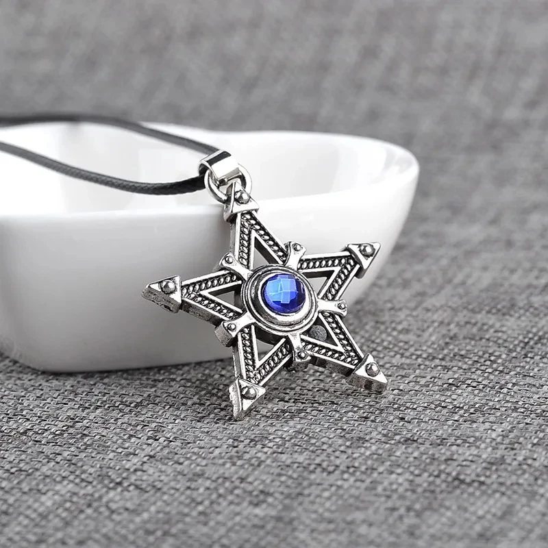 Anime Black Rock Shooter Pentacle Necklace Pentagram Star Amulet Antique Silver Color Pendant Crystal Vintage Jewelry