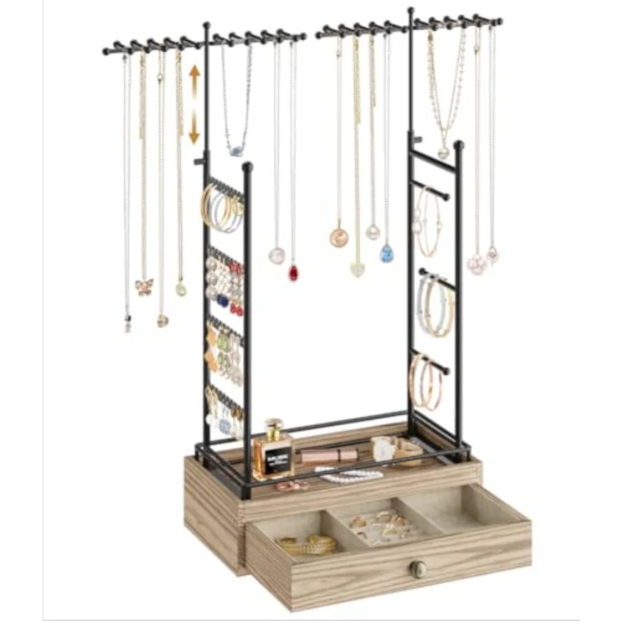 

Metal Jewelry Holder Organizer Stand for Earring Bracelet Ring Necklace Display Tree with Wood Drawer Extra Large Storage Rack