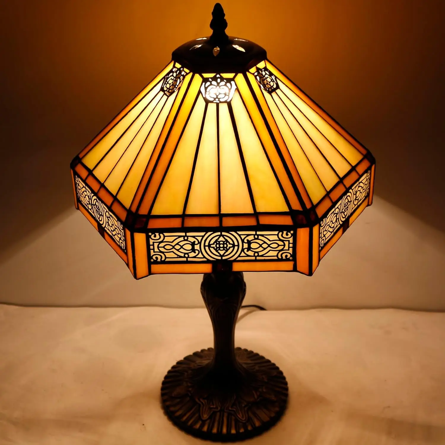 Lámpara de mesa de vitral hexagonal amarillo Tiffany, 12x10x18, estilo misión, luz de noche para escritorio, dormitorio, sala de estar, hogar