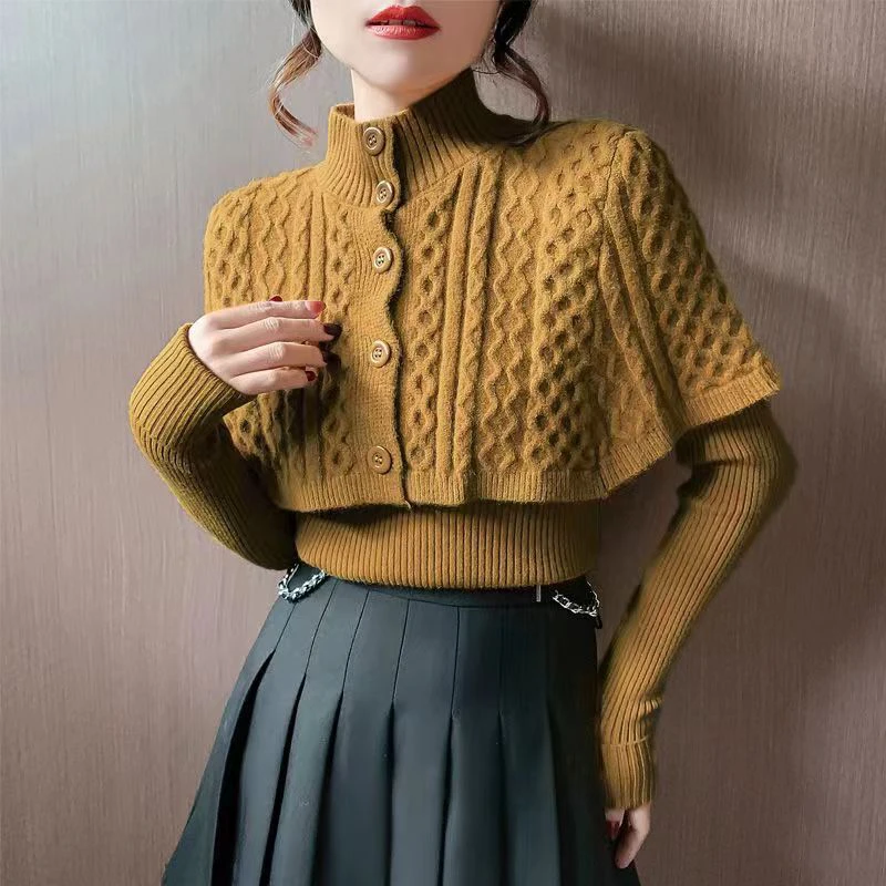 Lucyever Vintage Turtleneck Women Sweaters Fashion Shawl Two Piece Knitted Sweater Woman 2023 Autumn Winter Chic Button Jumper