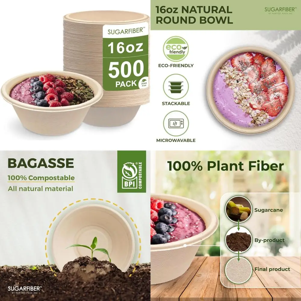 

Compostable Disposable Bagasse Acai Bowls, Heavy-Duty Eco-Friendly Round Paper Bowls, Bulk 500 Count, 16oz PFAS Free, Harvest Pa