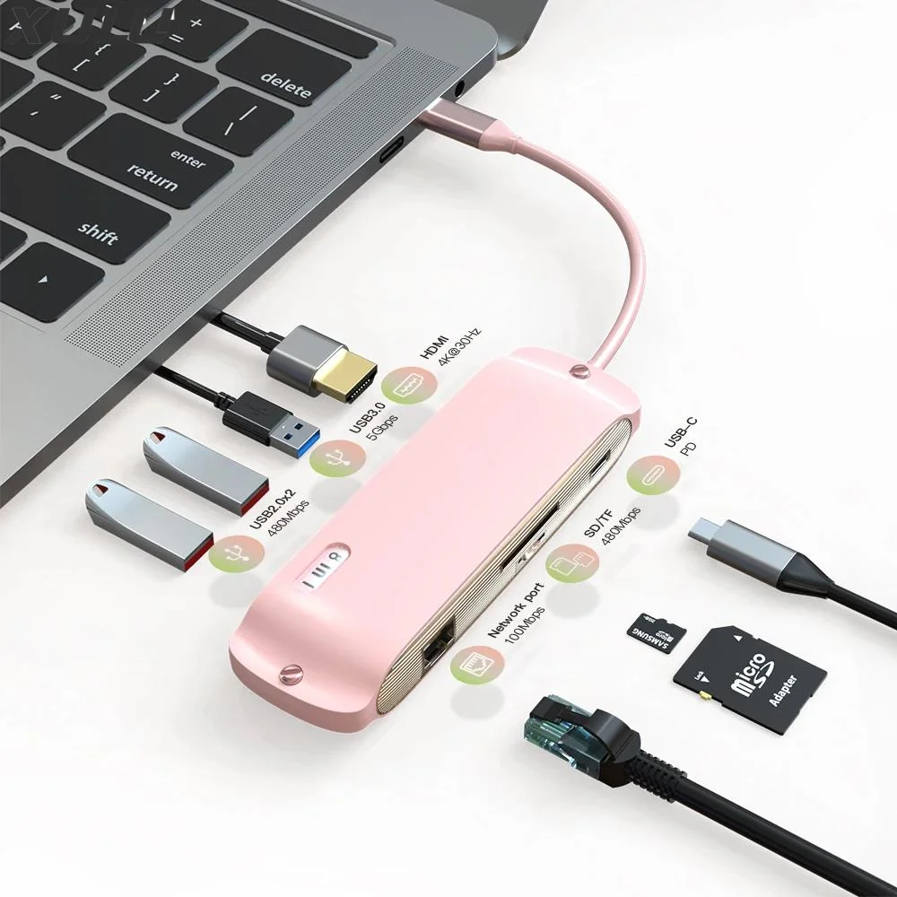 hub usb 8 in 1 type c hub Type-C to PD 100W USB3.0 USB2.0*2 HD-MI SD TF RJ45 100M for macbook