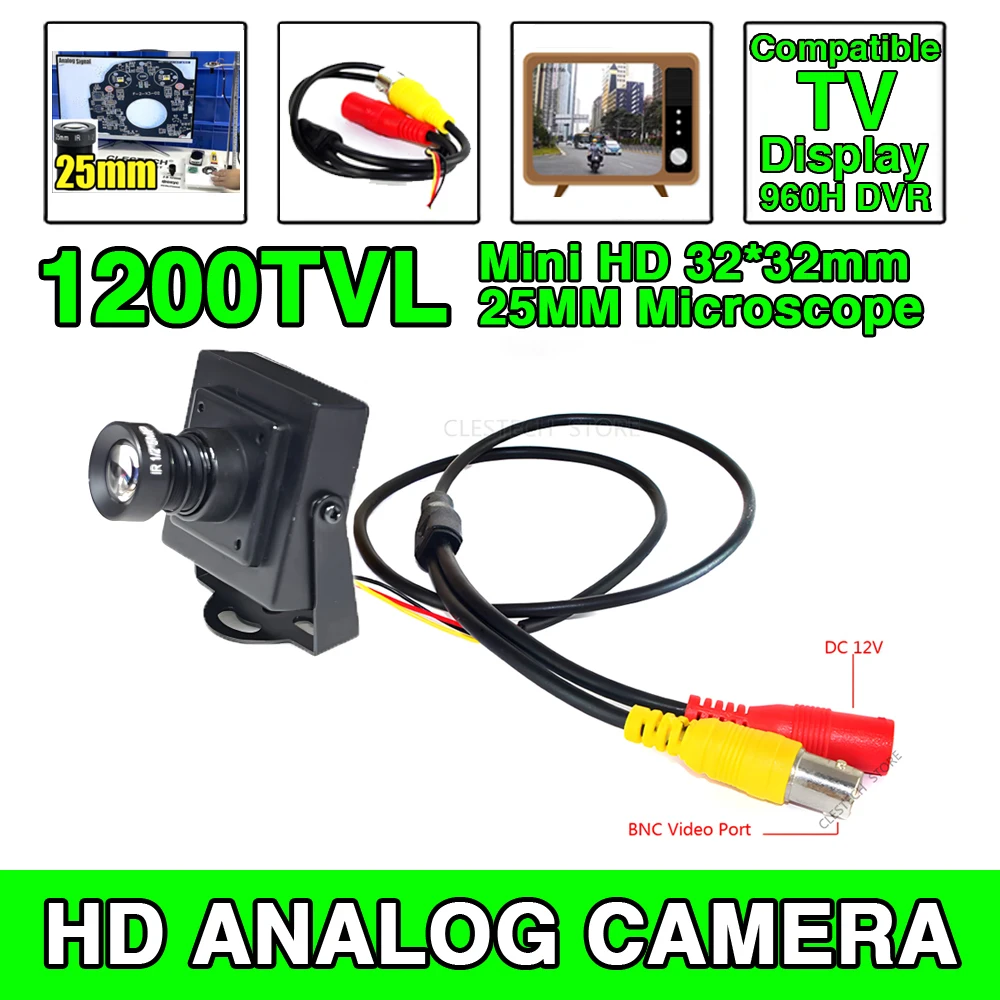 Analog 1200TVL HD Mini CCTV Camera 25mm Long-Focus DIY Microscope Super Small 32*32mm CVBS Metal Home Car Overtake Compatible TV