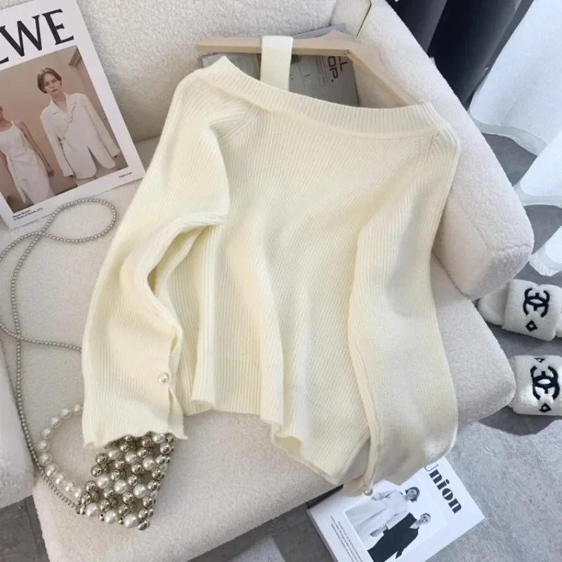 Off Shoulder Knitted Pullovers Women Autumn Sweet Girls Lazy Style Gentle Tops Tender Skin-friendly Design Korean Style Casual