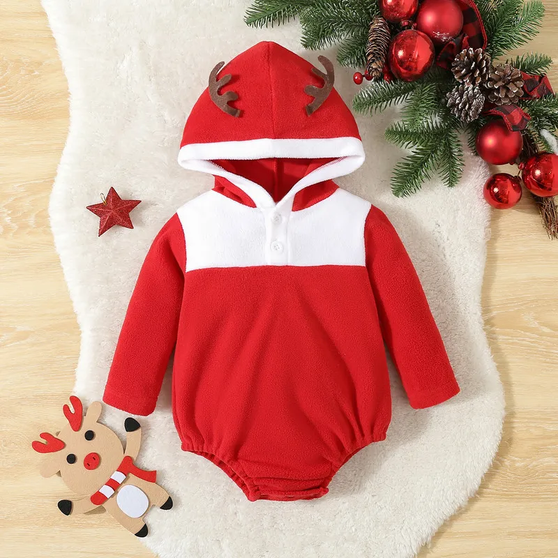 0 to 18 Months Christmas Baby Fleece Romper Cute Deer Antler Warm Long Sleeve Hood Bubble Jumpsuit Baby Clothing