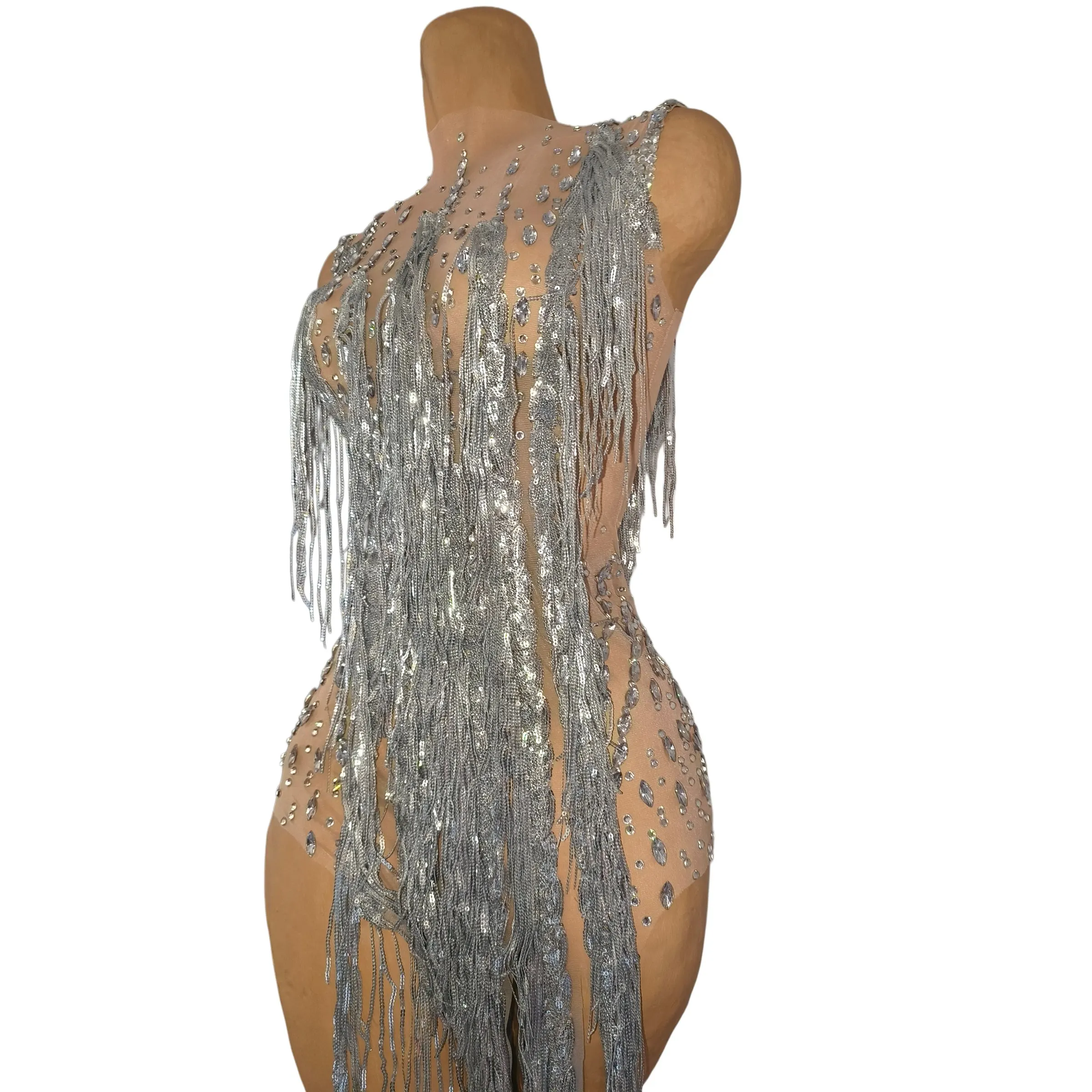 Sleeveless Nude Mesh Bodysuit Sparkly Silver Rhinestones Long Silver Tassel Fringe Front Stage Dance Performance Costume