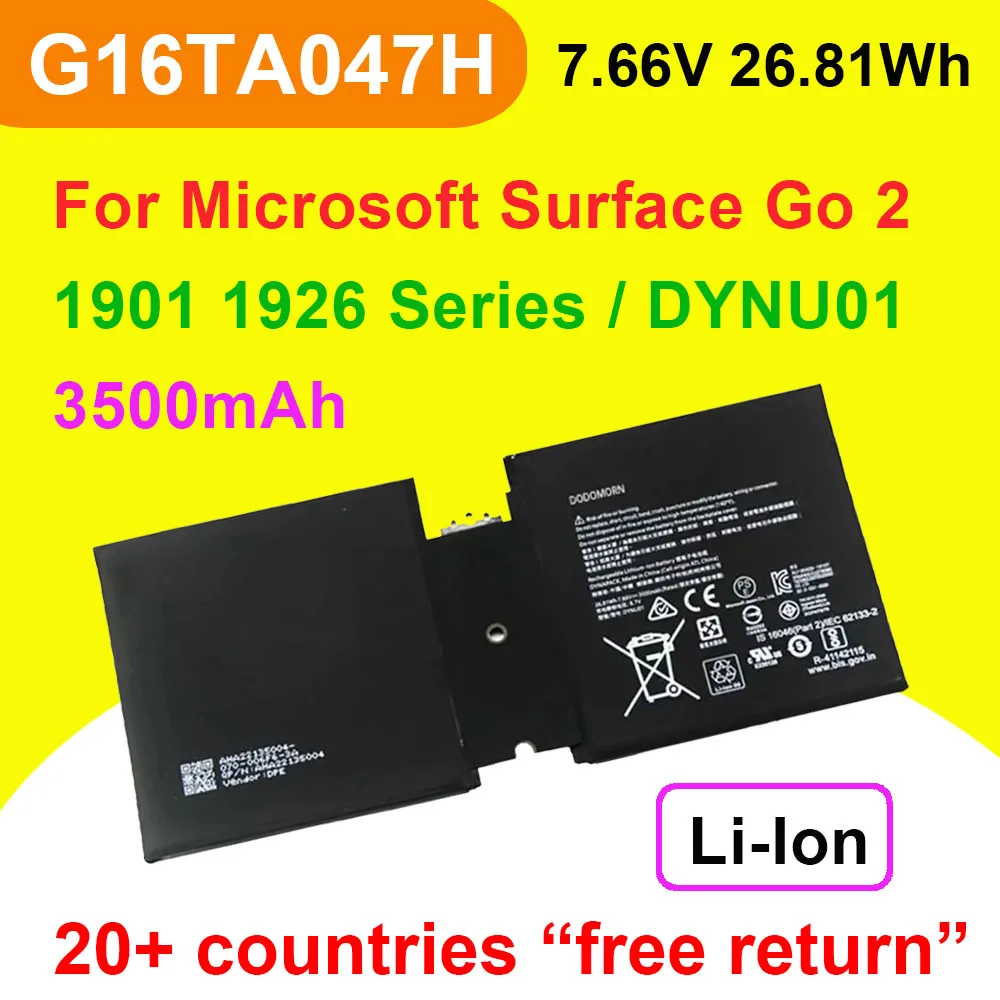 

For Microsoft Surface Go 2 1901 1926 Series Tablet Batteries DYNU01 G16TA047H Laptop Battery 7.66V 26.81Wh 3500mAh Replacement