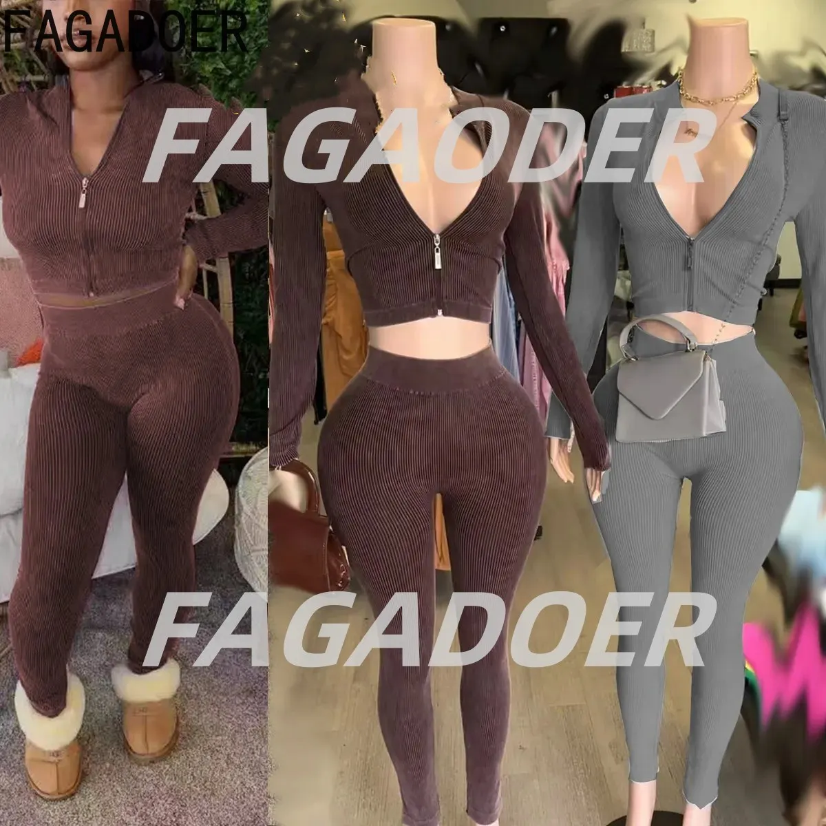 FAGADOER Autumn Winter Women Outfits Rib Zipper Long Sleeve Crop Top And Legging Pants Two Piece Sets Casual Stretchy Tracksuits