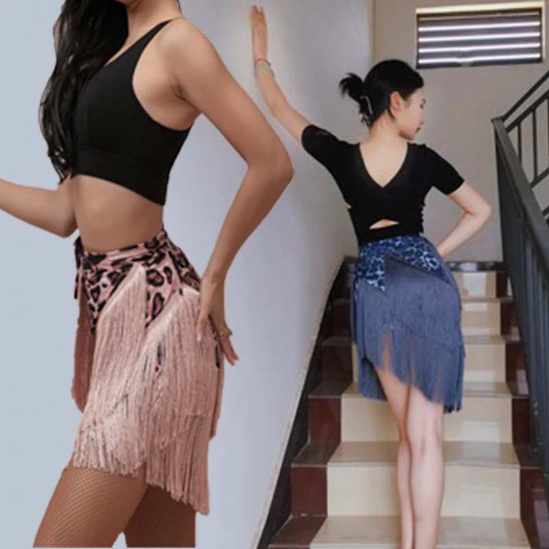 Latin Dance Skirt Women's High-End Adult length Tassel Skirt Profional Dancing ort Skirt Cha Cha Leopard Print Danc...