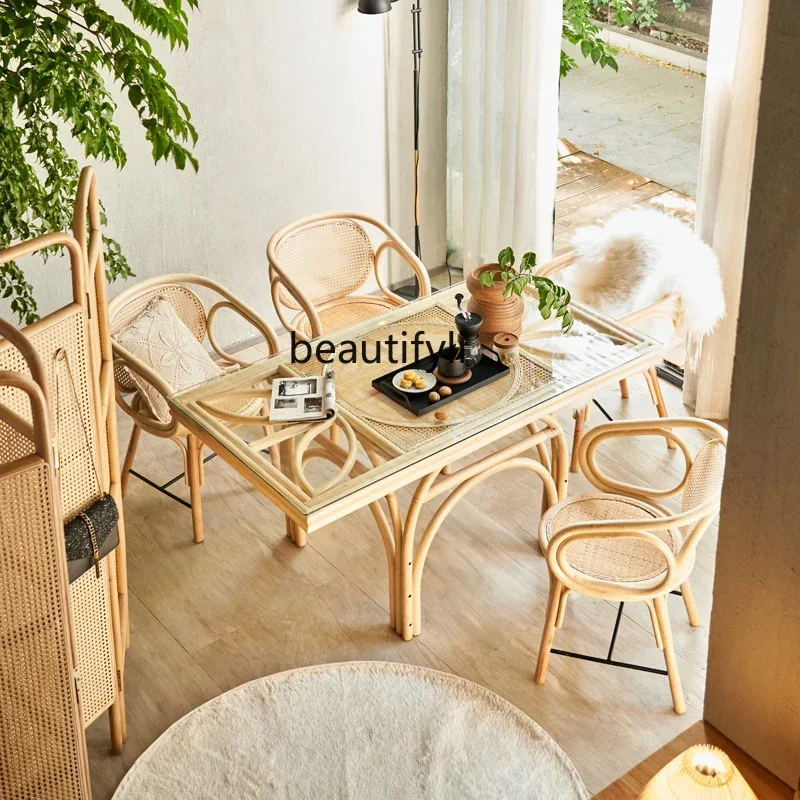 P178 Table à manger entièrement en rotin Tables à manger et chaises tissées en rotin ensemble hôtel Restaurant Table à manger rectangulaire Villa