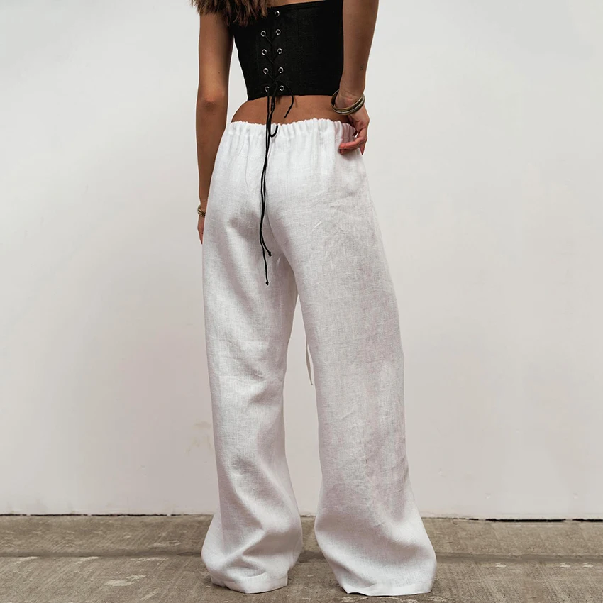 Linad Pantaloni casual bianchi larghi con coulisse Pantaloni da ufficio in cotone e lino a gamba larga Pantaloni lunghi a vita alta vintage autunnali femminili 2025