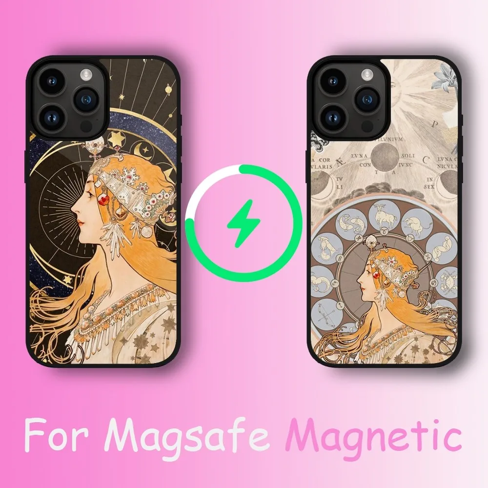 Alphonse Mucha Art Phone Case For iPhone 11 12 13 14 15 Max Plus Pro Wireless Magnetic Magsafe Charging Shell