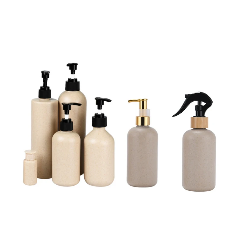 100ML Biodegradable eco friendly plastic wheat straw lotion bottle with bamboo spray cap nozzle cap 30ml 250ml 300ml 400ml 500ml