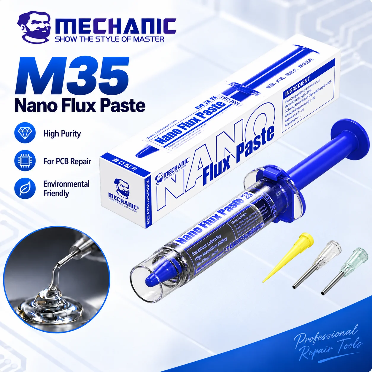 MECHANIC M35 Bleifreie Spritze Lötflussmittelpaste Transparentes Lötfett für die Reparatur von Mobiltelefon-Motherboards und Schweißwerkzeugen