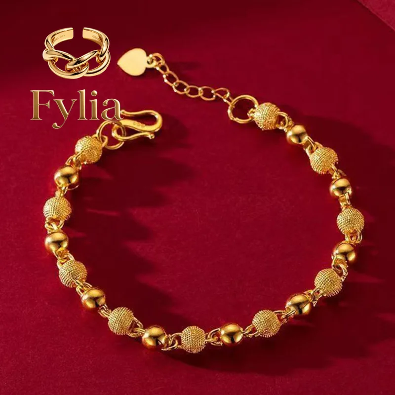 Fylia Jewelry   Luxury 24K 9999 Pure Gold real gold Women's Beaded Bracelet Adjustable Bracelet