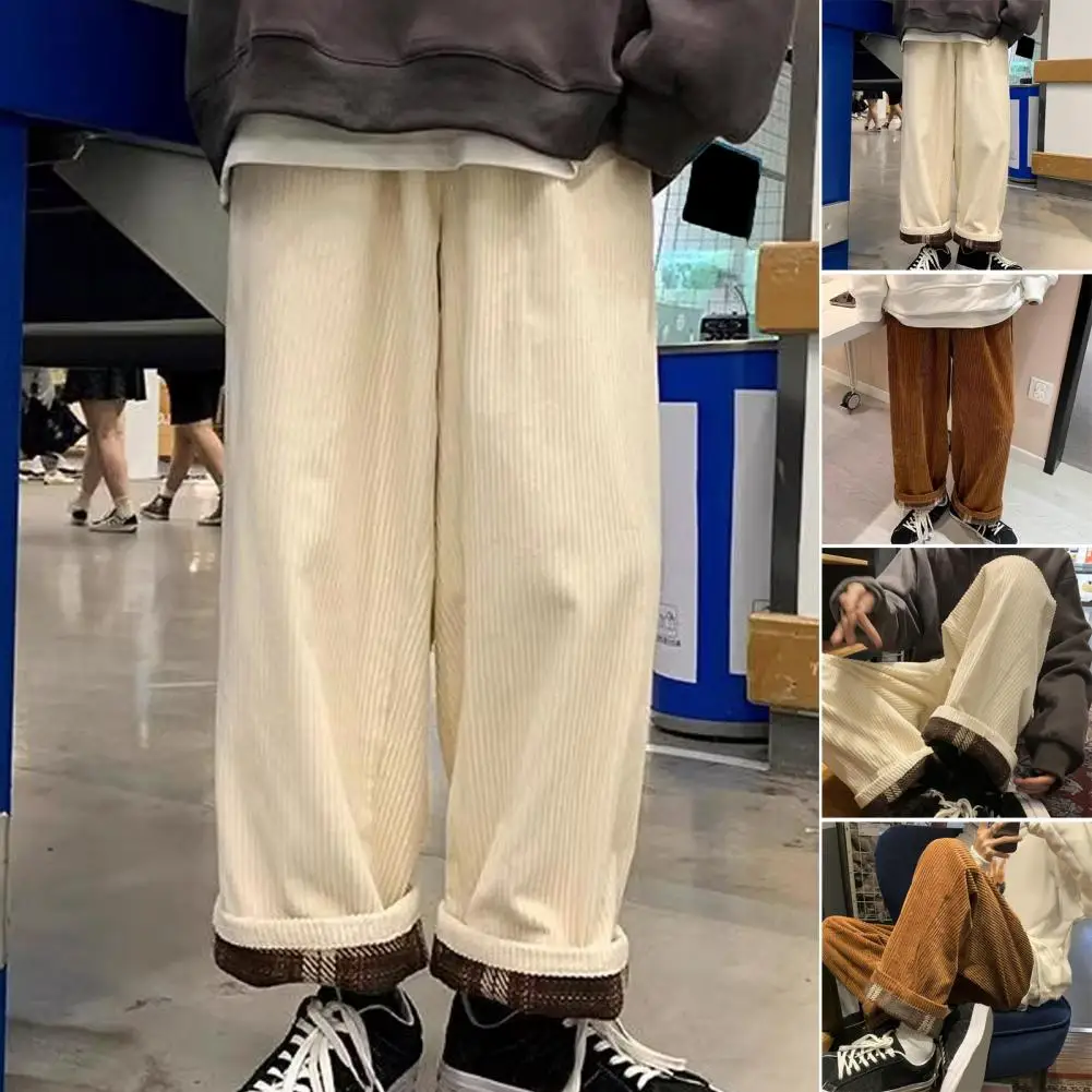 Men Sweatpants Straight Pants Thick Plush Men's Cargo Pants with Drawstring Waist Wide Leg Soft Warm Material for Commute