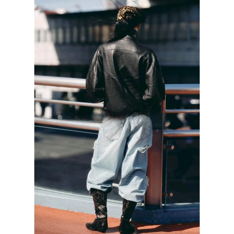 秋の新作 レディース バイク用 PUレザー ジャケット ロング丈 スタンドカラー 暖かい カジュアル ストレートフィット レディース アウター...