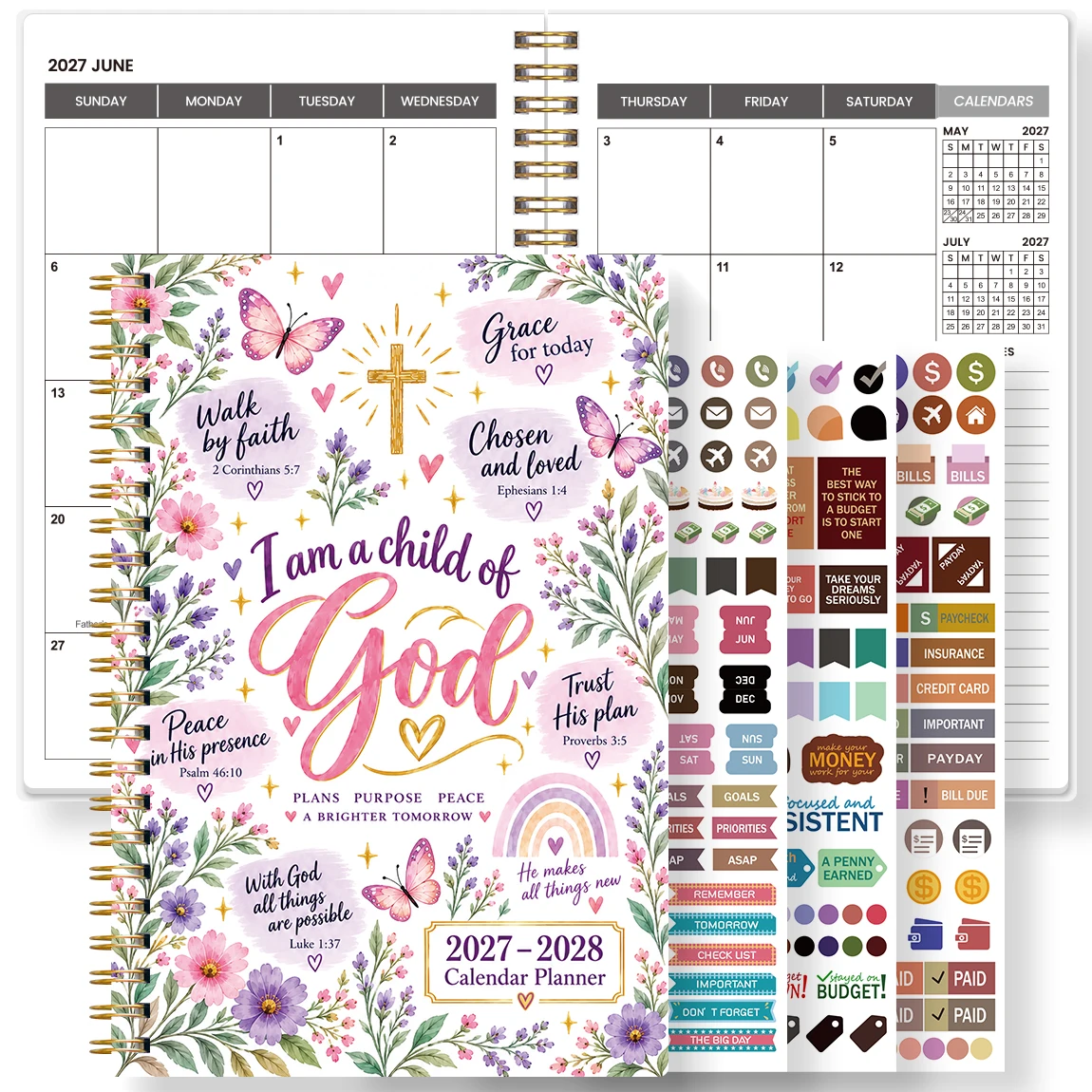 1PC A5 Multicolor Floral Notebook 2027-2028 Monthly Planner with Stickers, Christian Spiral Calendar for Office & Daily Planning