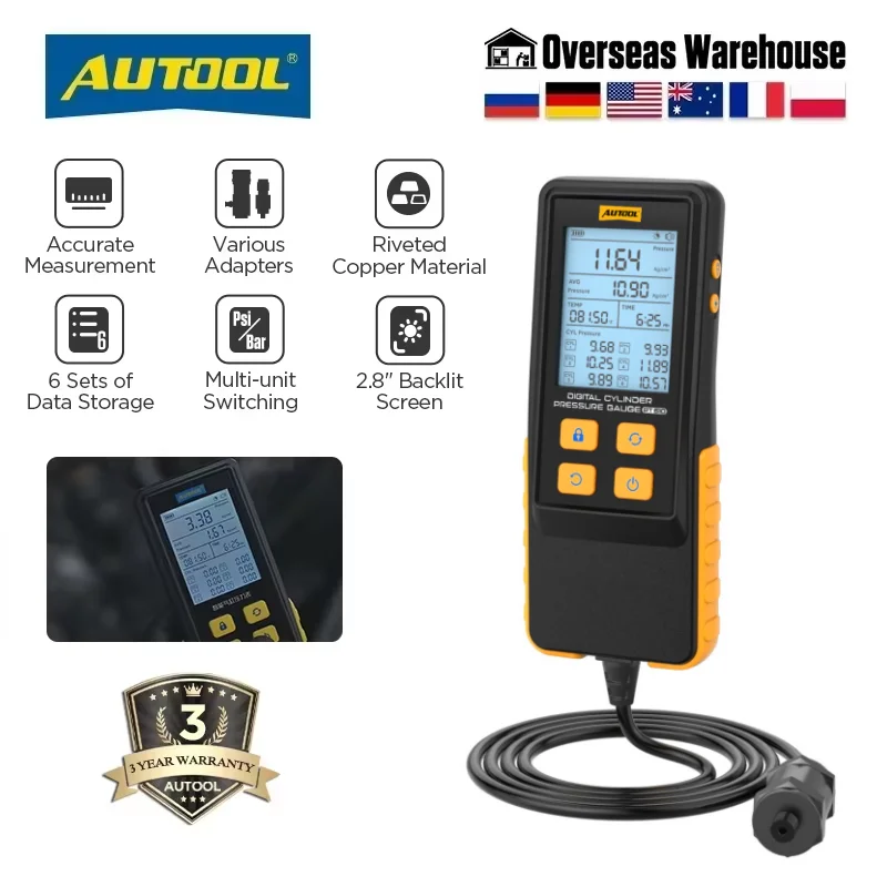 AUTOOL PT610 محرك رقمي اسطوانة ضغط جهاز قياس الضغط 0-426PSI اسطوانة مقياس درجة الحرارة أداة السيارات لسيارة دراجة نارية